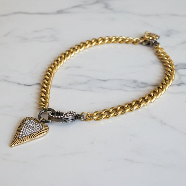 Chunky Curb Chain Necklace with Glittering Pave Heart and Oversized sparkly Lobster Clasp - Glam Jewelry