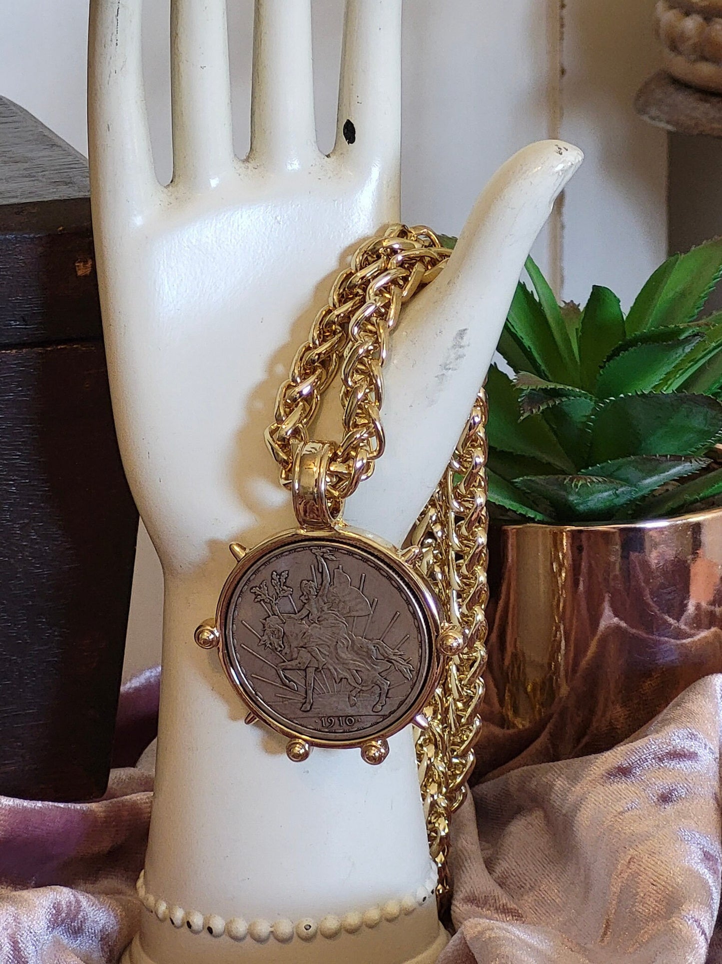 Gold necklace - Silver Vintage Coin Necklace chunky gold wheat chain Replica Peso Coin Pendant Rococo Glam Jewelry