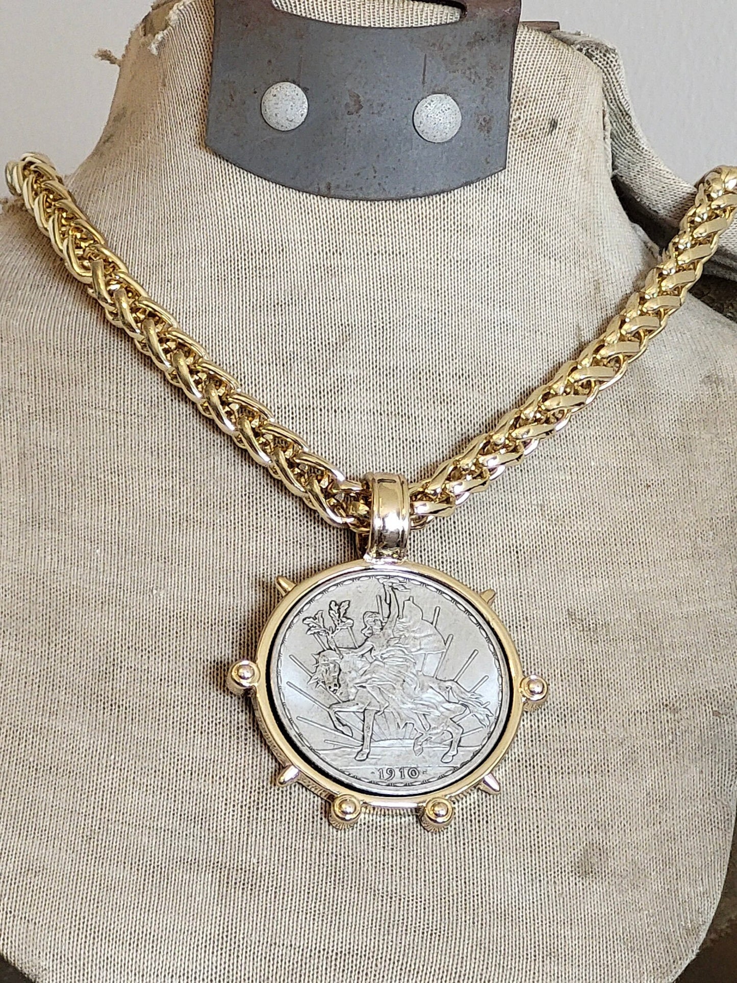 Gold necklace - Silver Vintage Coin Necklace chunky gold wheat chain Replica Peso Coin Pendant Rococo Glam Jewelry