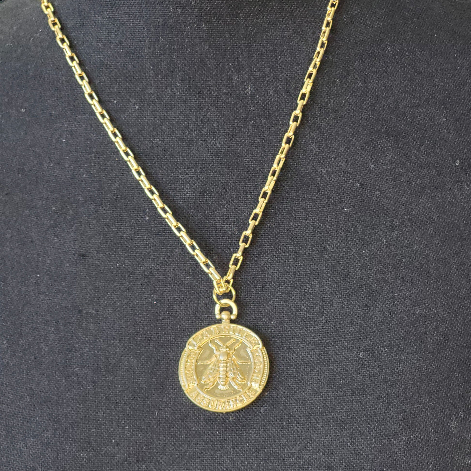 Gold French Bee Coin Pendant on Delicate Box Chain, Handcrafted Necklace