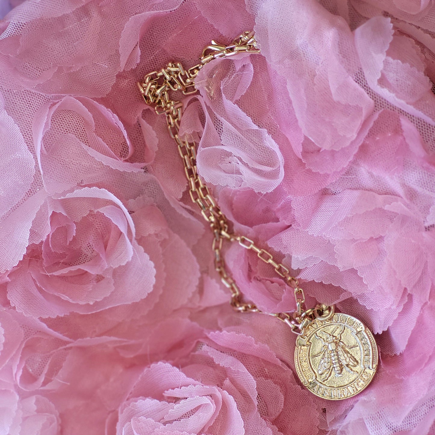 Gold French Bee Coin Pendant on Delicate Box Chain, Handcrafted Necklace