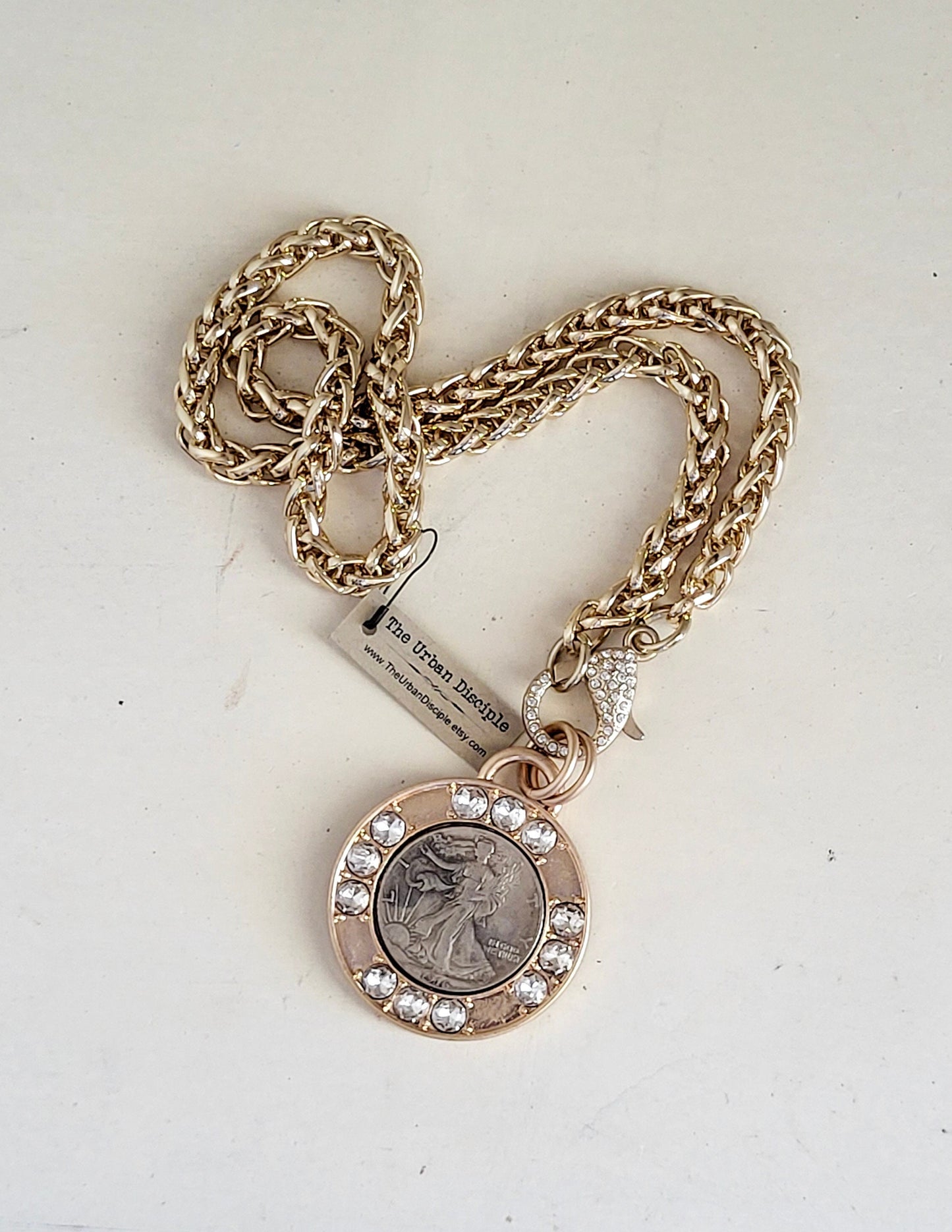 Handmade Chunky Gold Necklace with Inlaid Rhinestones & Liberty Coin Replica Rococo Glam Jewelry