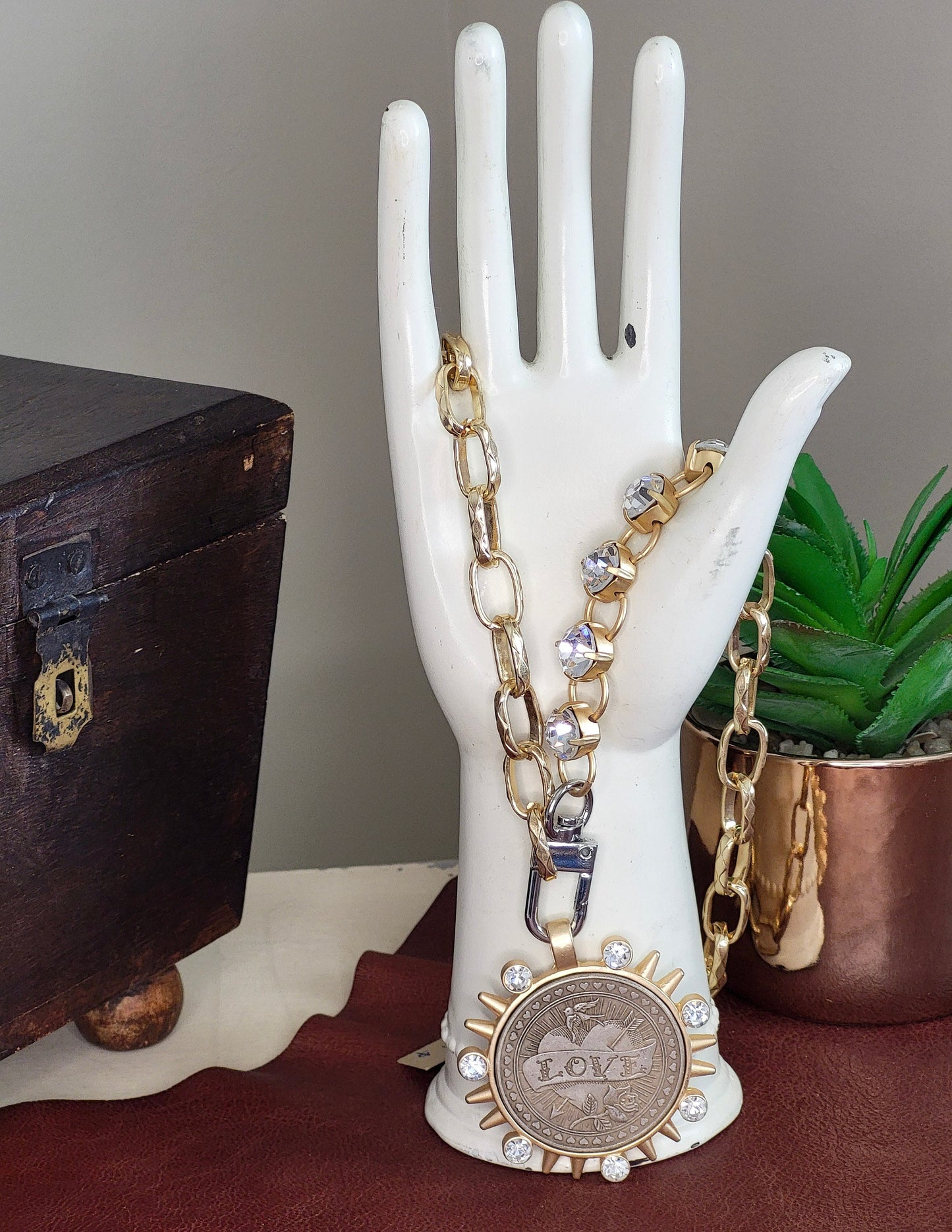 Handcrafted Chunky Gold Necklace with Inlaid Swarovski Crystals & Love Coin Rococo Glam Jewelry