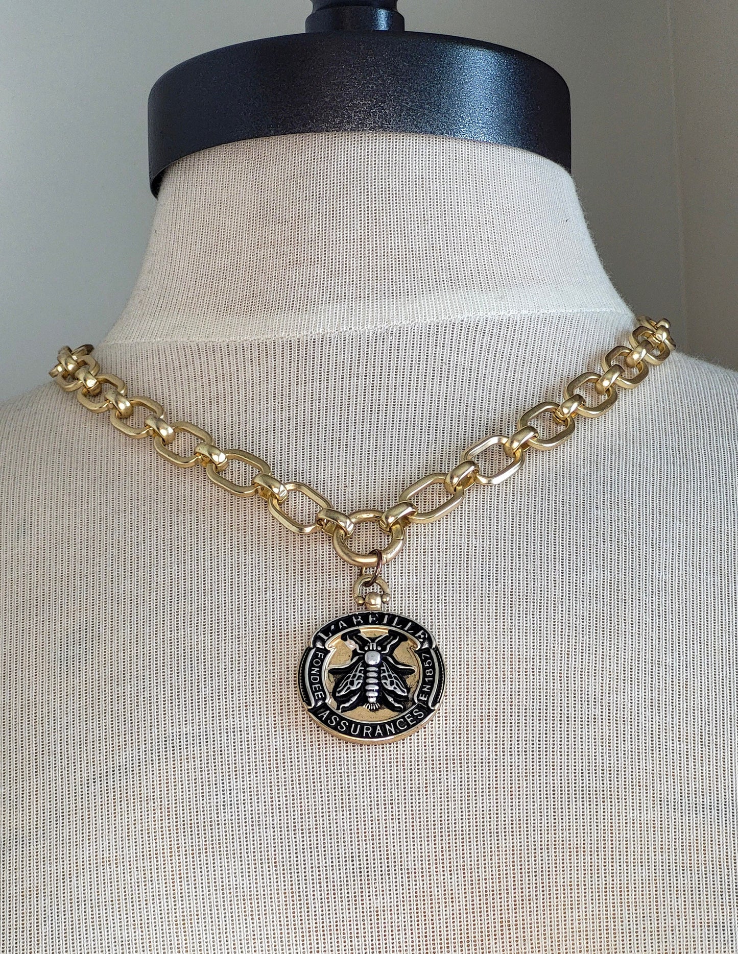 Chunky Gold Necklace, French Bee Coin Pendant on chunky oval link chain, Handmade Necklace