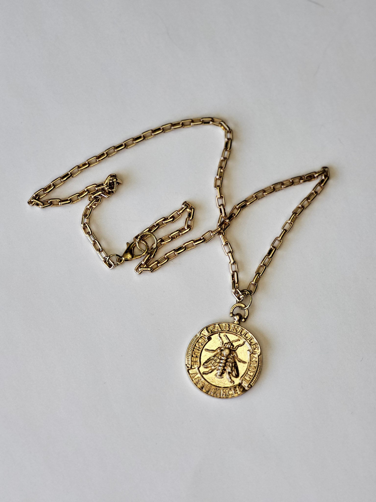 Gold French Bee Coin Pendant on Delicate Box Chain, Handcrafted Necklace