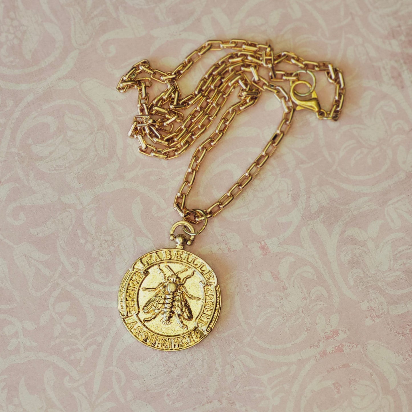 Gold French Bee Coin Pendant on Delicate Box Chain, Handcrafted Necklace