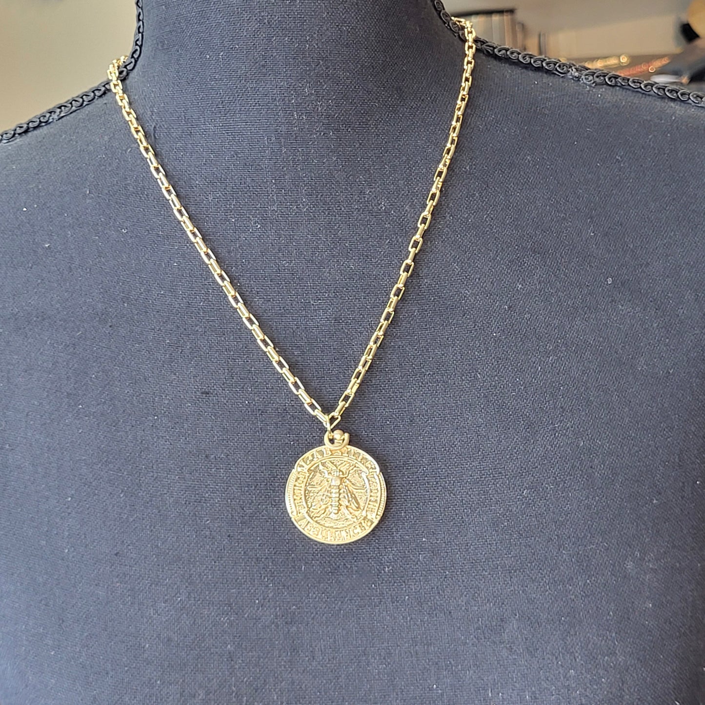 Gold French Bee Coin Pendant on Delicate Box Chain, Handcrafted Necklace