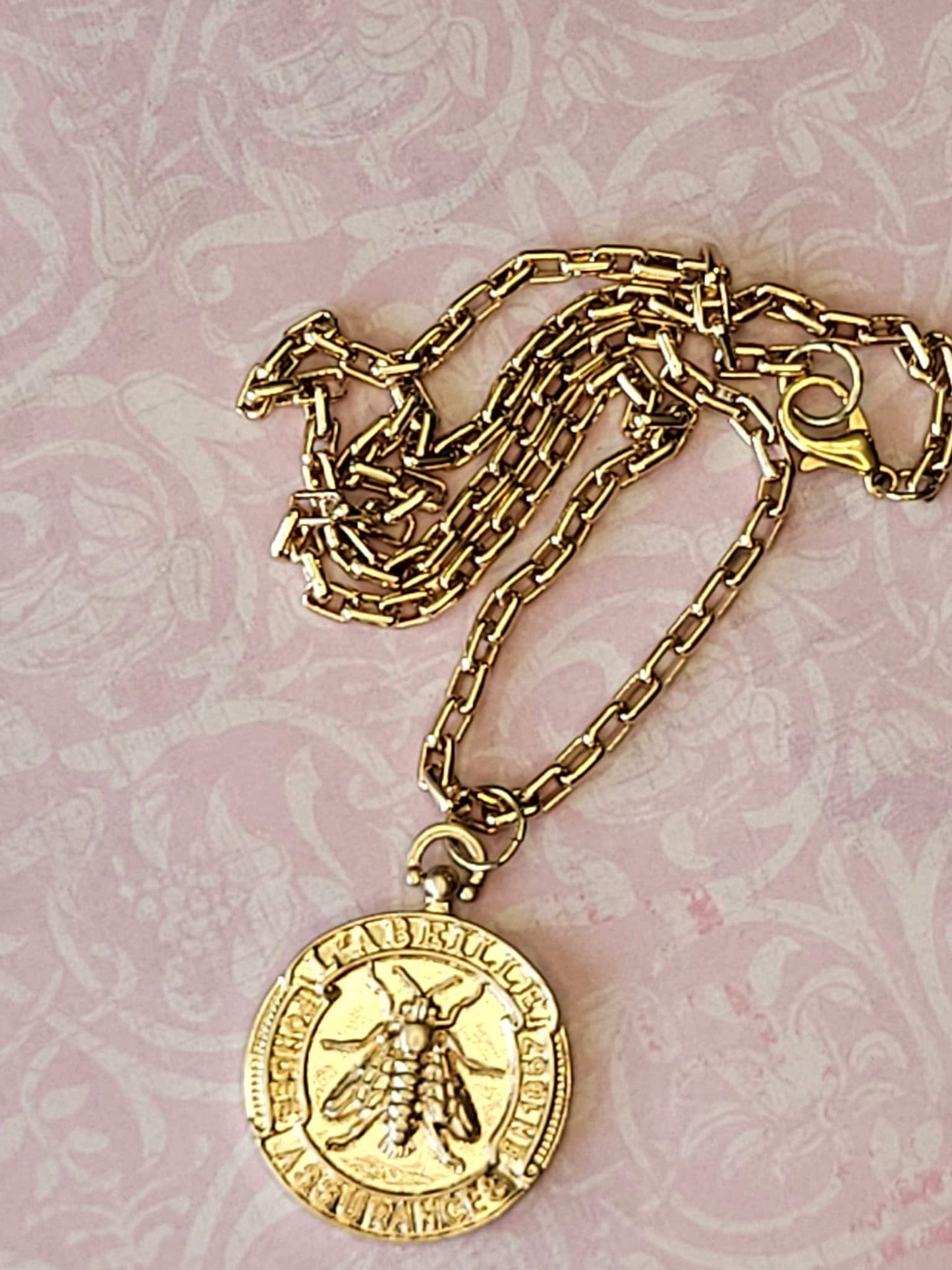 Gold French Bee Coin Pendant on Delicate Box Chain, Handcrafted Necklace