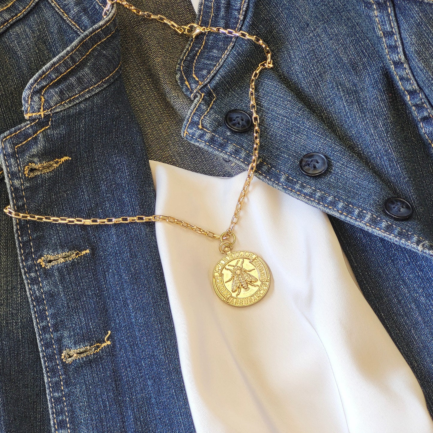 Gold French Bee Coin Pendant on Delicate Box Chain, Handcrafted Necklace