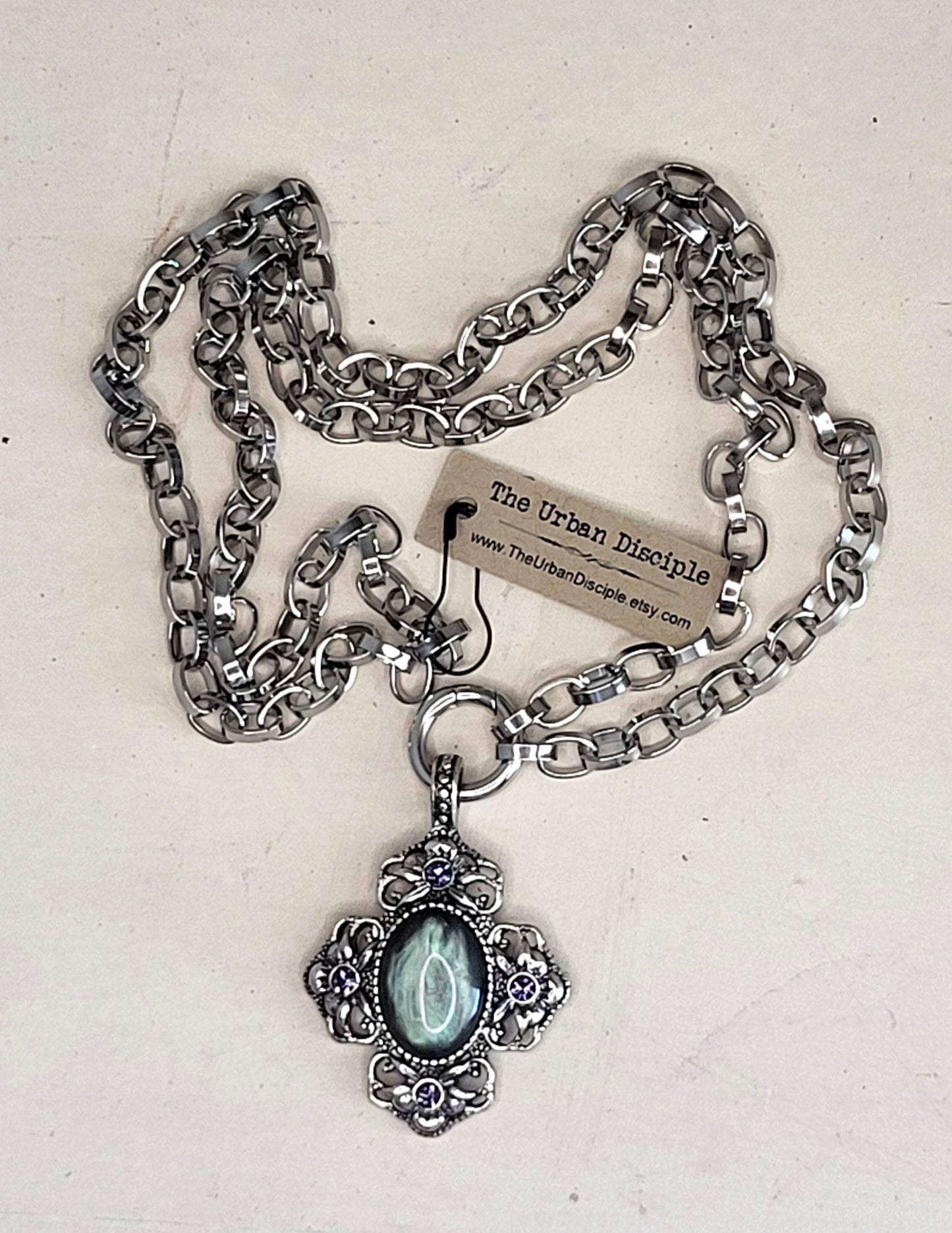 Handcrafted Silver Statement Necklace with Filigree and Moonstone Cross