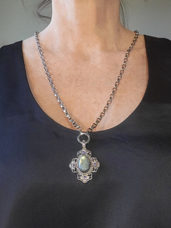 Handcrafted Silver Statement Necklace with Filigree and Moonstone Cross