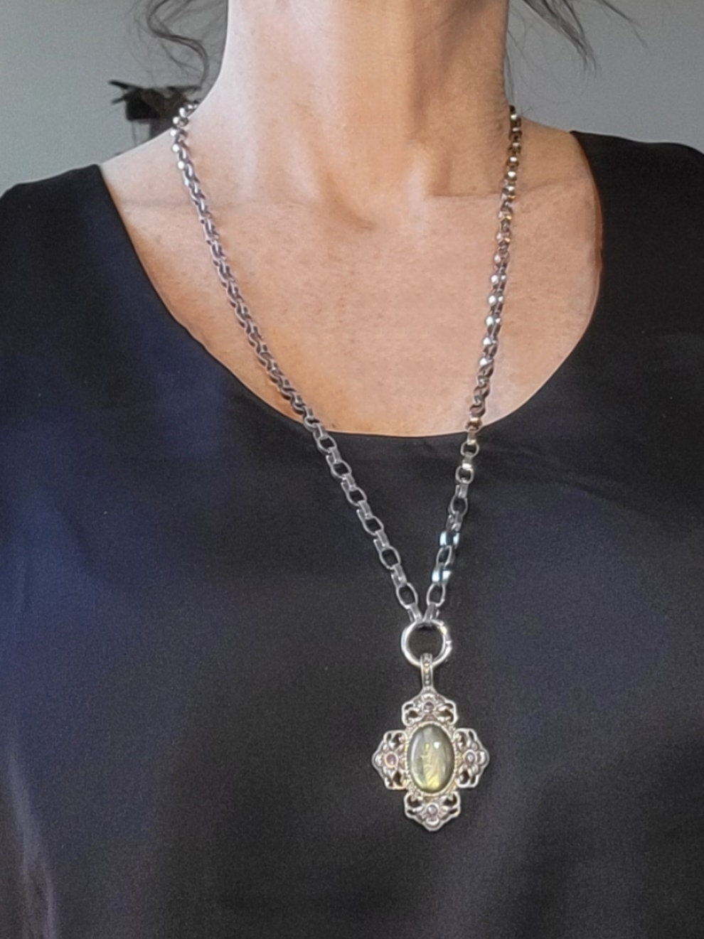 Handcrafted Silver Statement Necklace with Filigree and Moonstone Cross