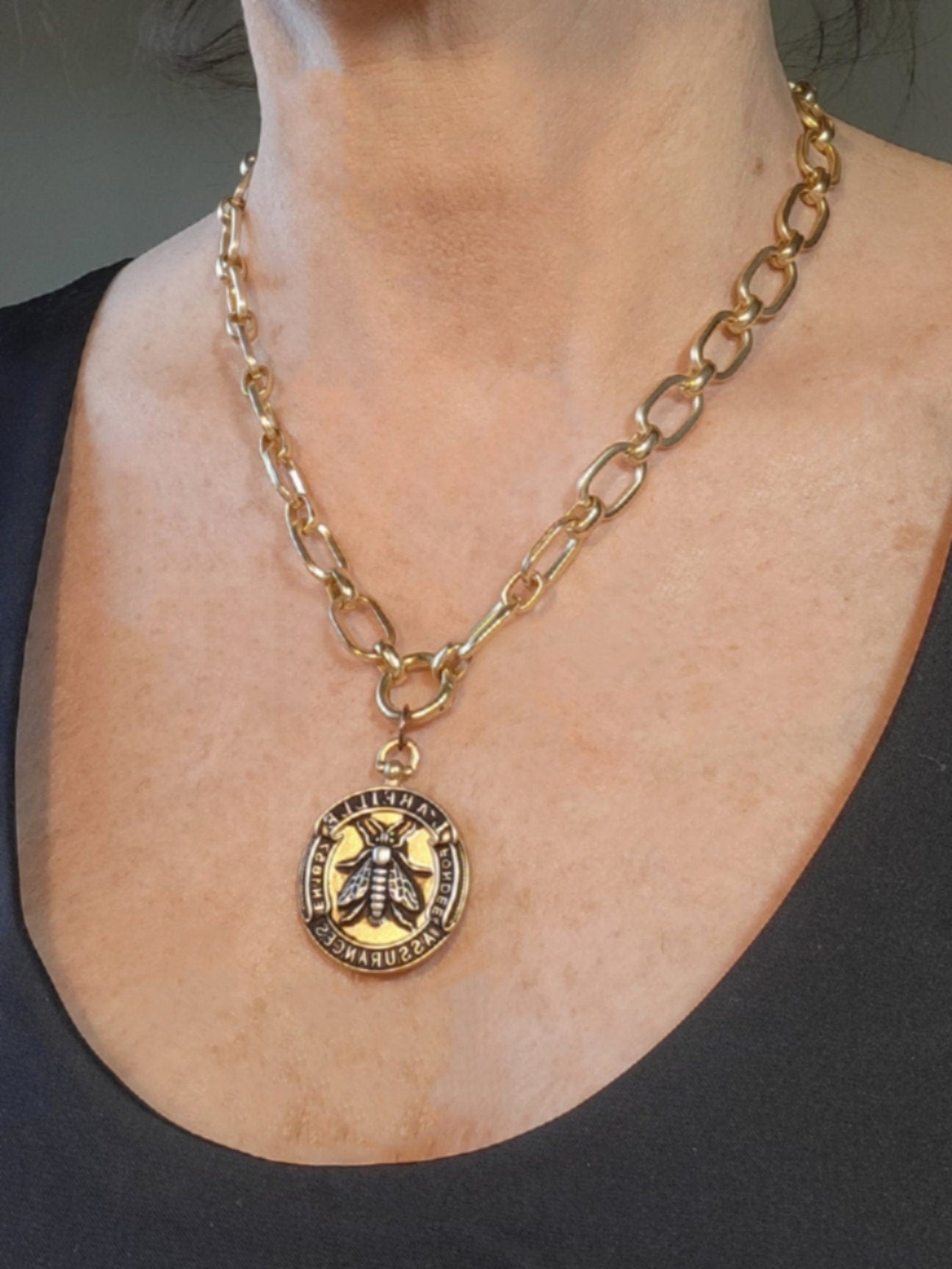 Chunky Gold Necklace, French Bee Coin Pendant on chunky oval link chain, Handmade Necklace