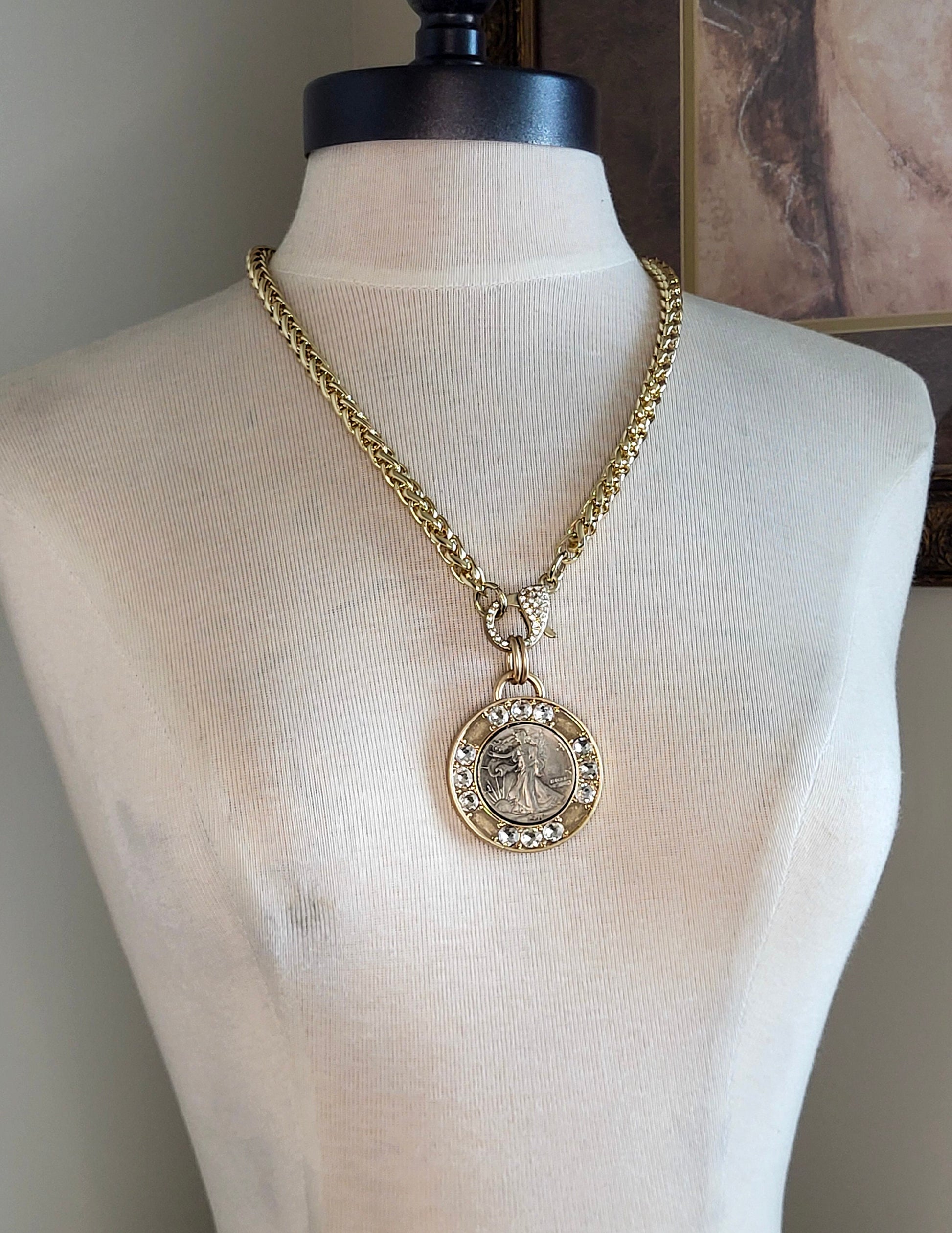 Handmade Chunky Gold Necklace with Inlaid Rhinestones & Liberty Coin Replica Rococo Glam Jewelry