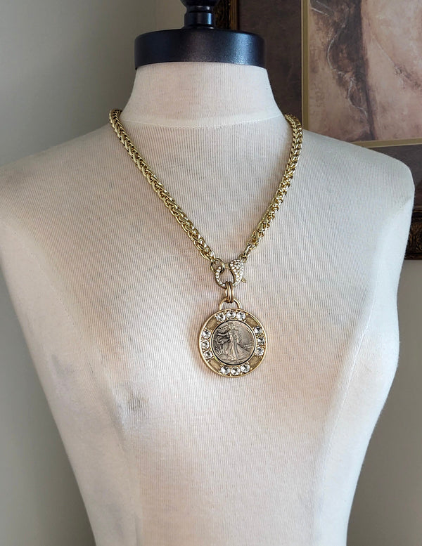 Necklace with Inlaid Rhinestones & Liberty Coin Replica- Rococo Glam Jewelry