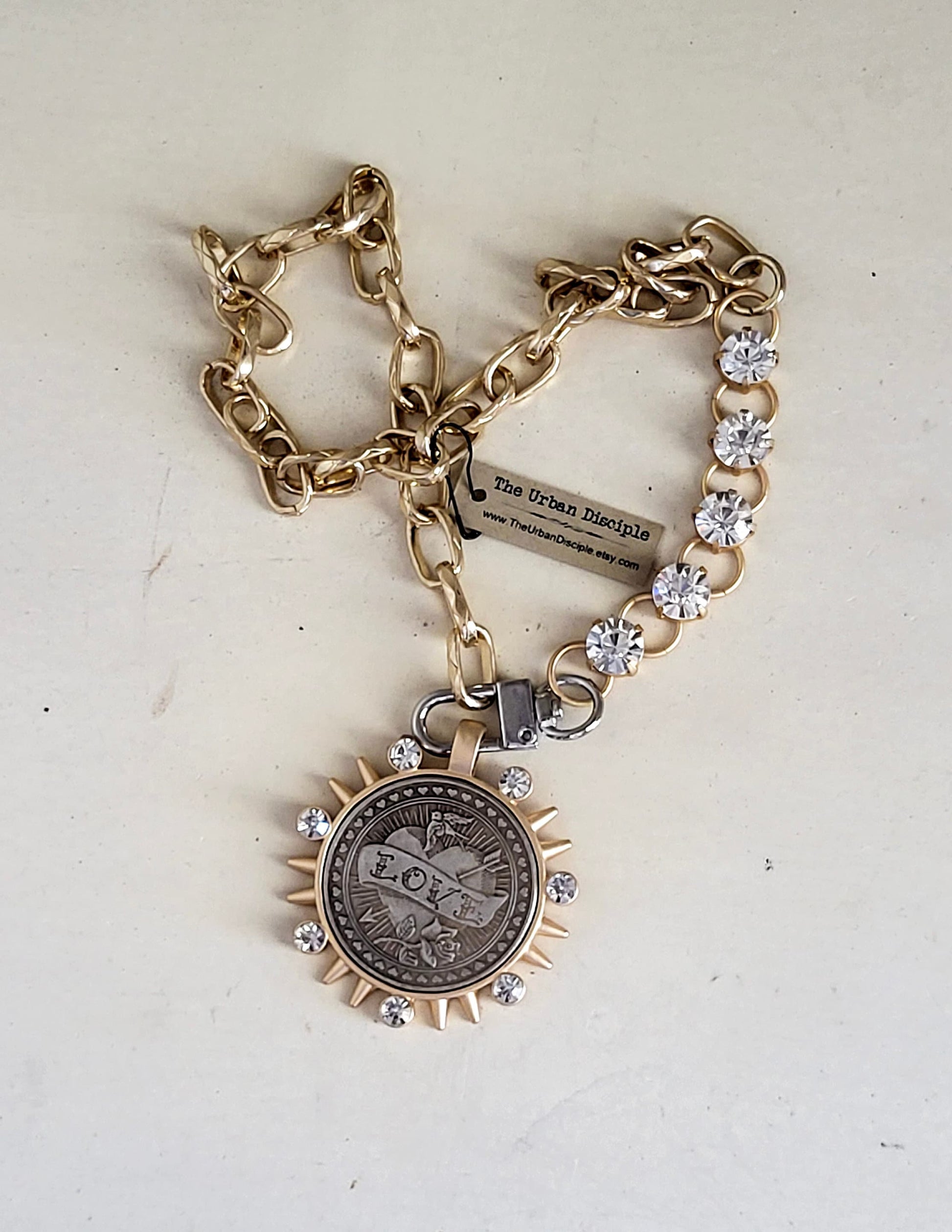 Handcrafted Chunky Gold Necklace with Inlaid Swarovski Crystals & Love Coin Rococo Glam Jewelry