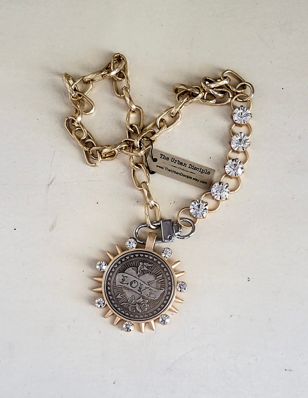 Handcrafted Necklace with Inlaid Swarovski Crystals & Love Coin -Rococo Glam Jewelry