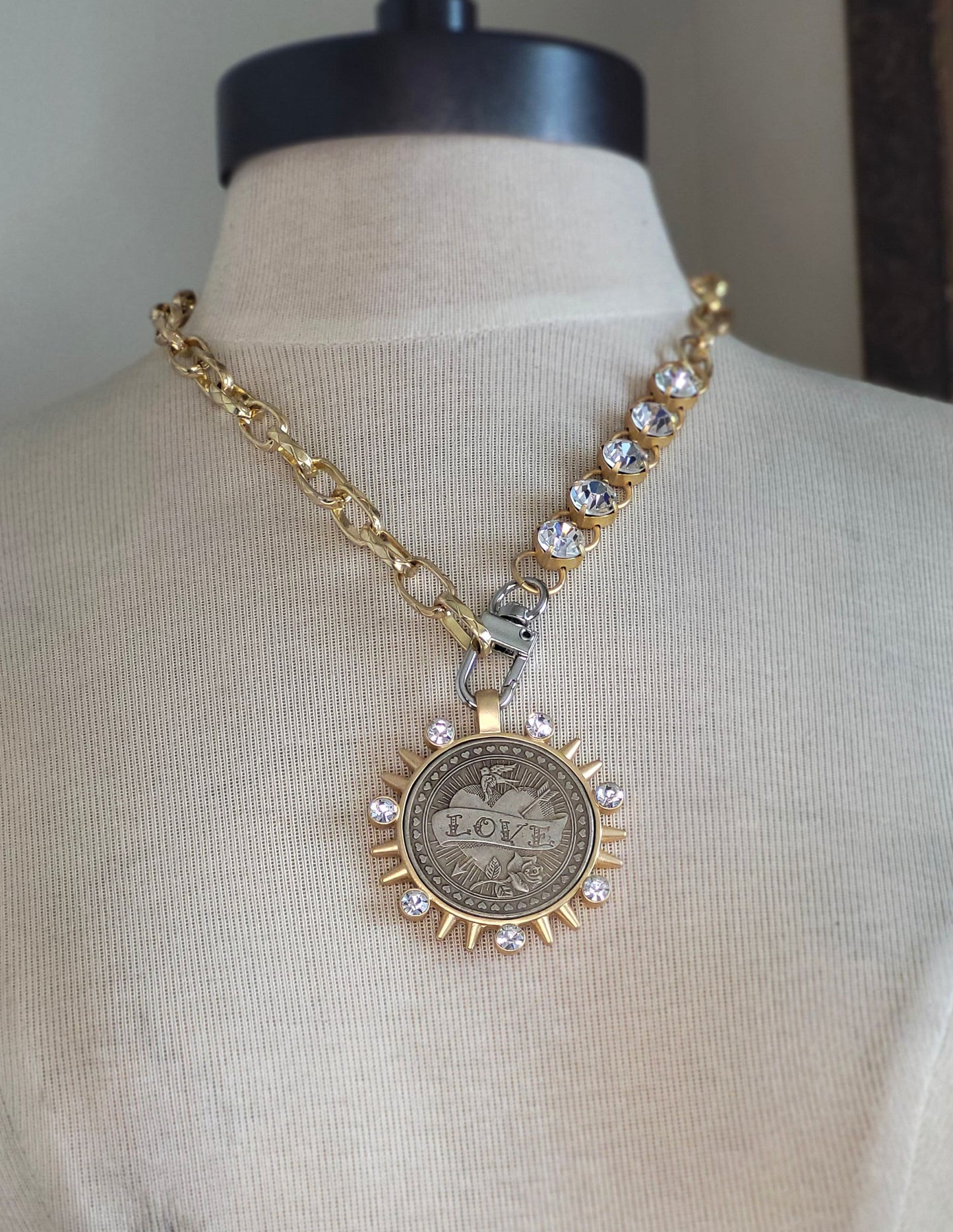 Handcrafted Chunky Gold Necklace with Inlaid Swarovski Crystals & Love Coin Rococo Glam Jewelry