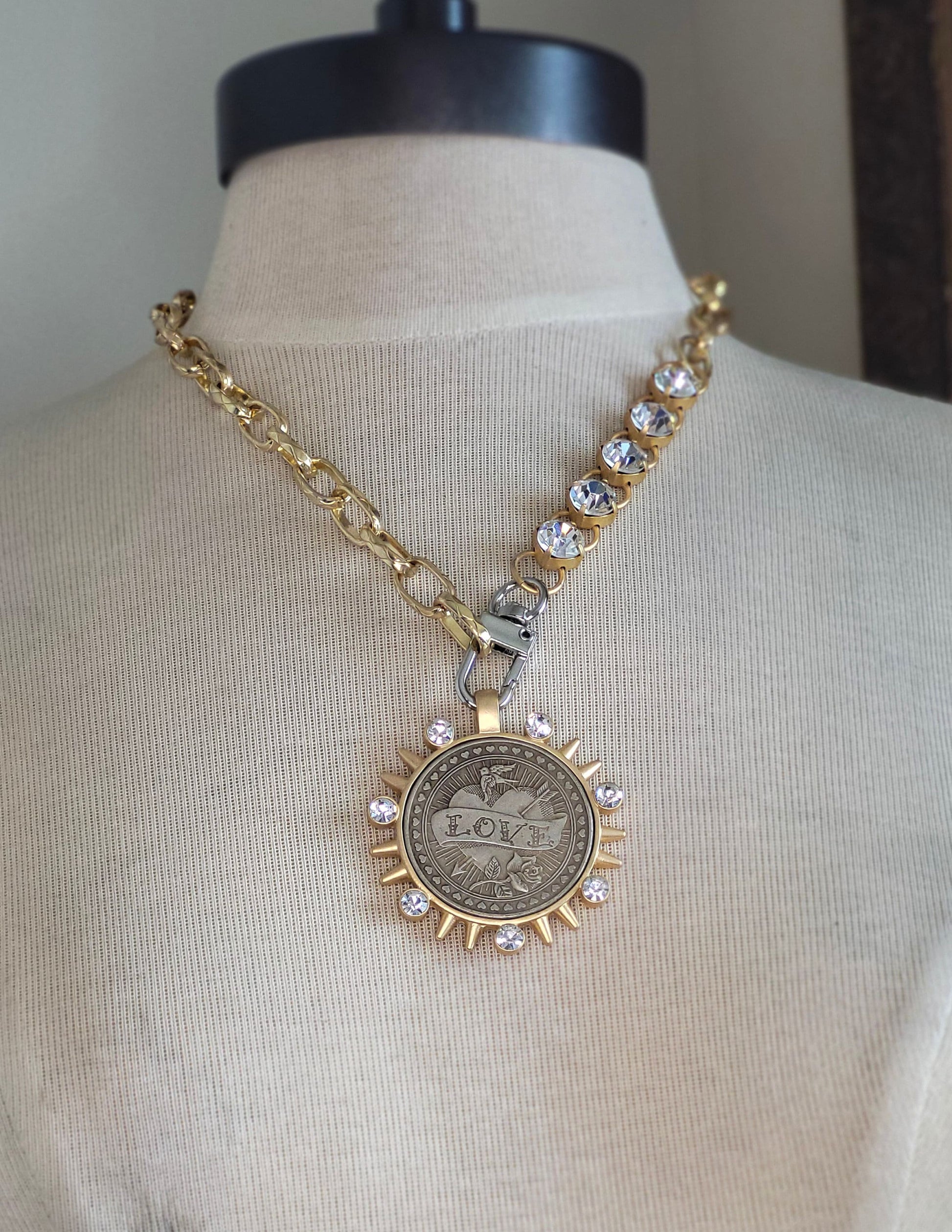 Handcrafted Chunky Gold Necklace with Inlaid Swarovski Crystals & Love Coin Rococo Glam Jewelry