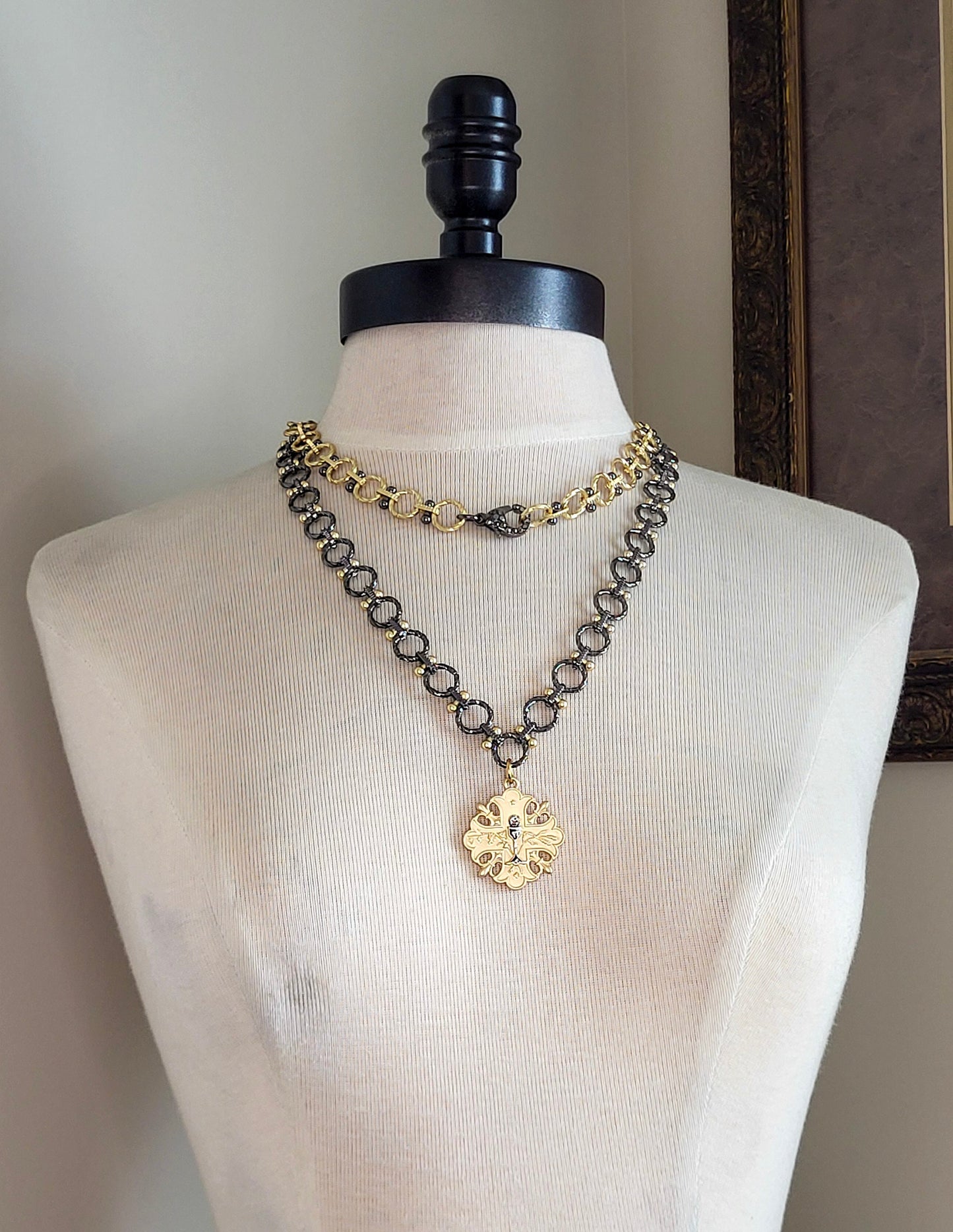 Vintage-Inspired Ornate Cross Pendant on Large Link Two Tone Chain - Handcrafted Necklace