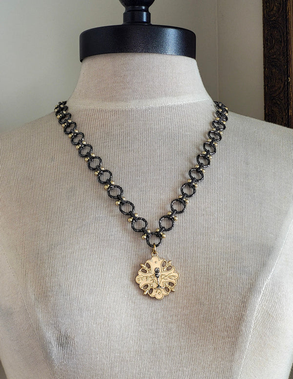 Vintage-Inspired Ornate Cross Pendant on Large Link Two Tone Chain