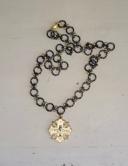 Matte Gold & Gunmetal Medallion Necklace | Vintage Glam Statement Necklace
