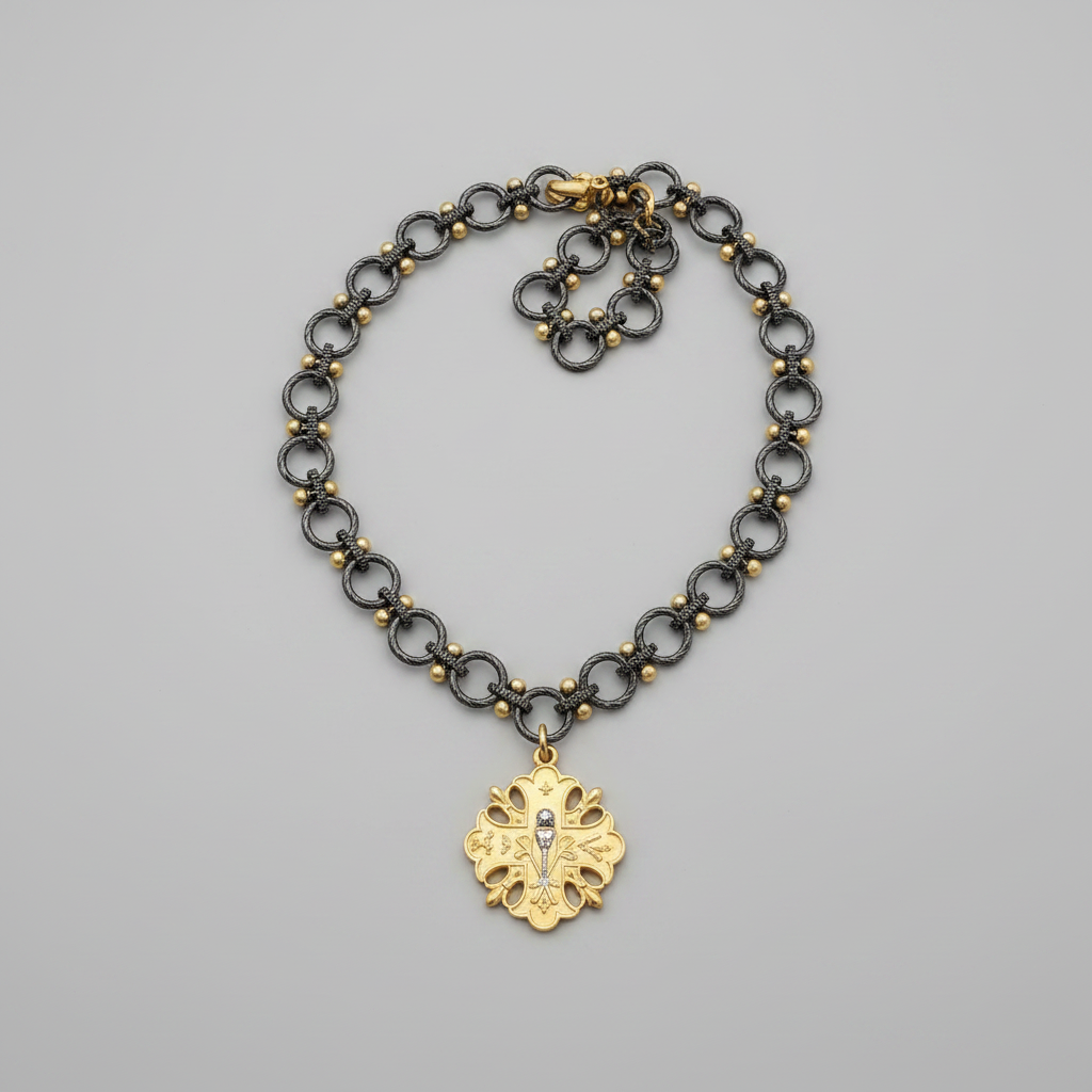 Matte Gold & Gunmetal Medallion Necklace | Vintage Glam Statement Necklace