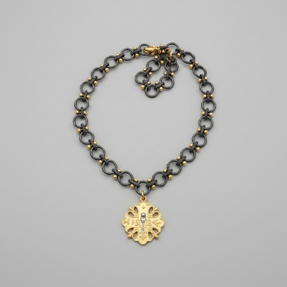 Matte Gold & Gunmetal Medallion Necklace | Vintage Glam Statement Necklace