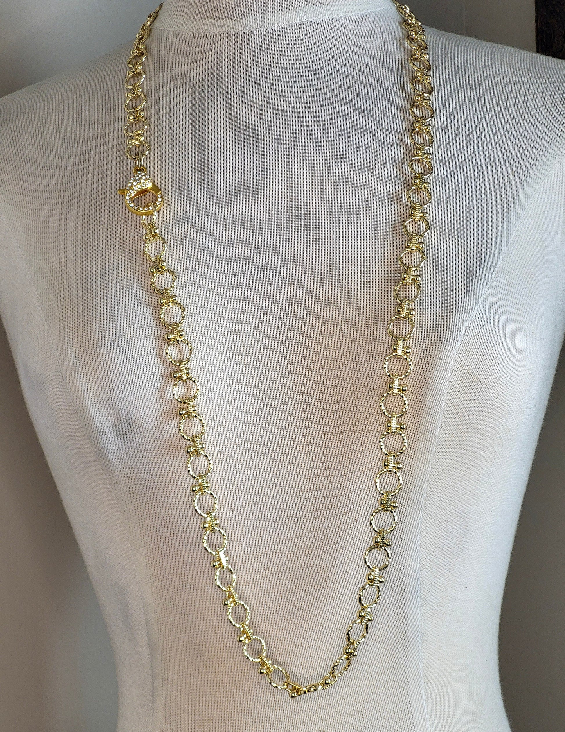 Long Gold Statement Necklace with Large Sparkling Clasp