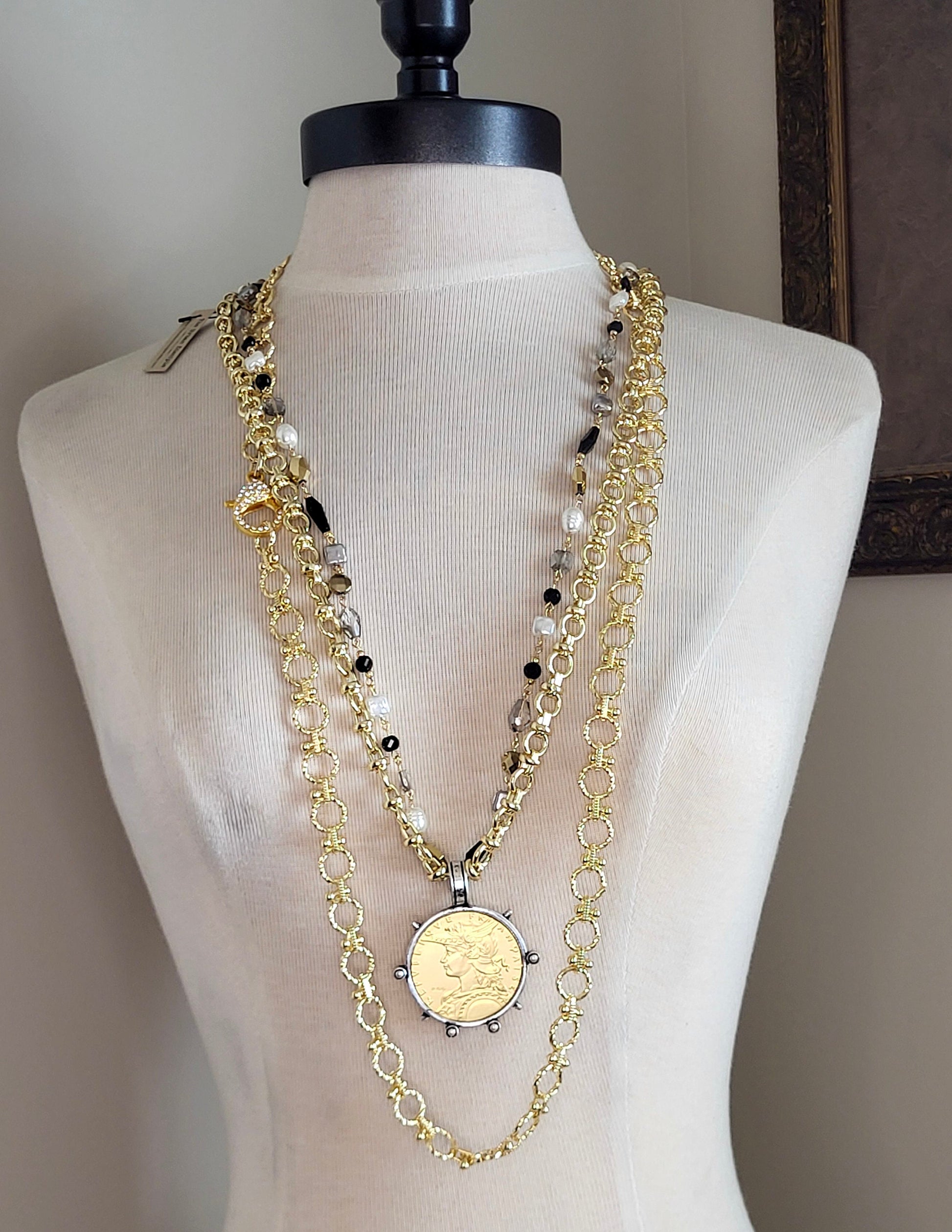 Long Gold Statement Necklace with Large Sparkling Clasp