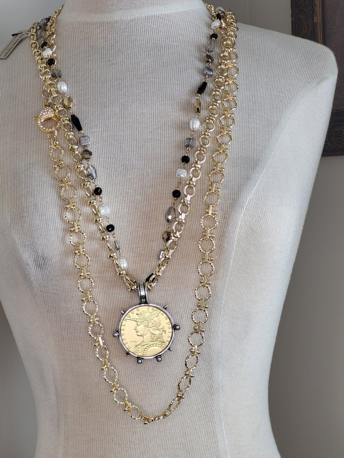 Long Gold Statement Necklace with Large Sparkling Clasp