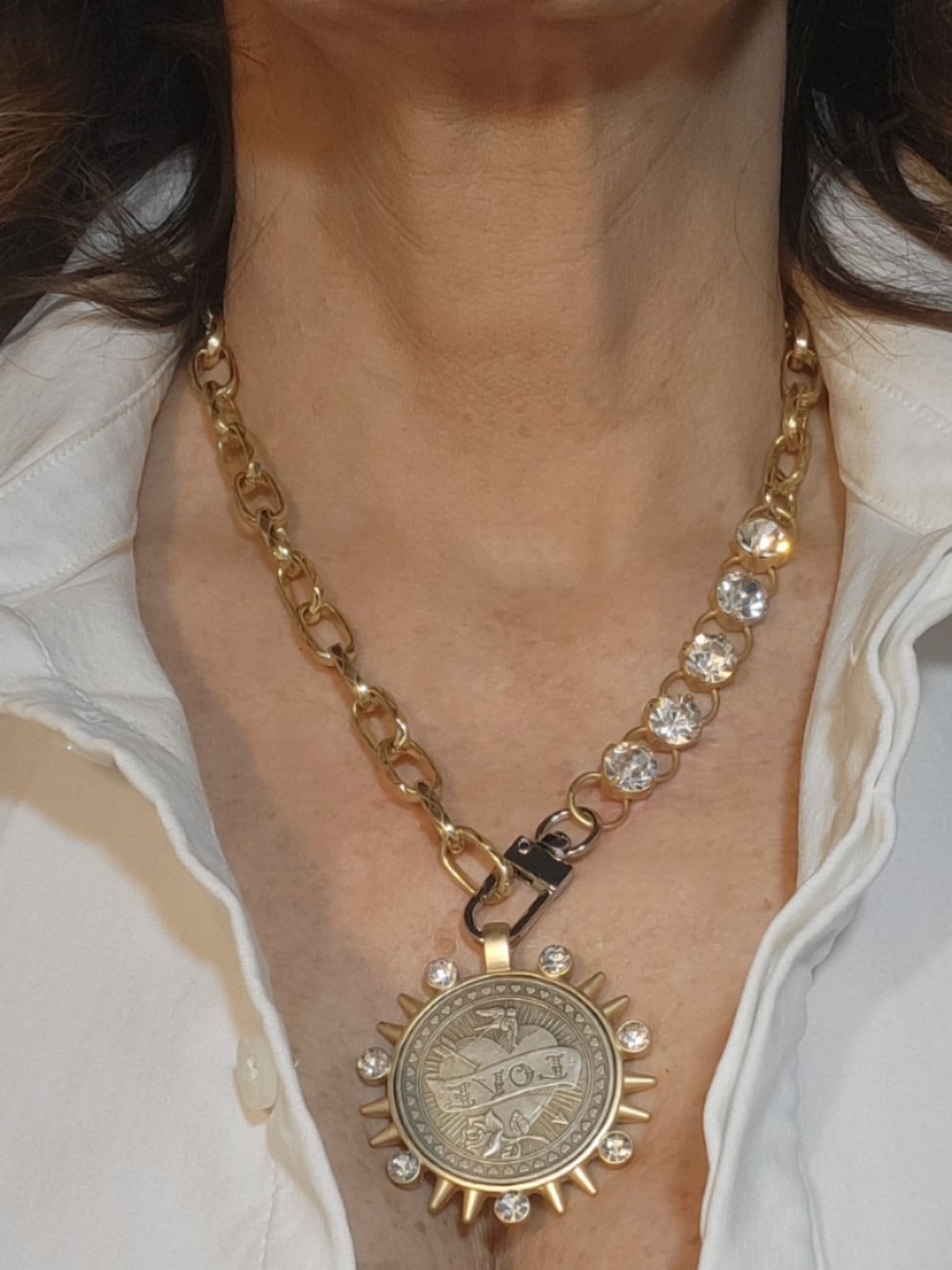 Handcrafted Chunky Gold Necklace with Inlaid Swarovski Crystals & Love Coin Rococo Glam Jewelry