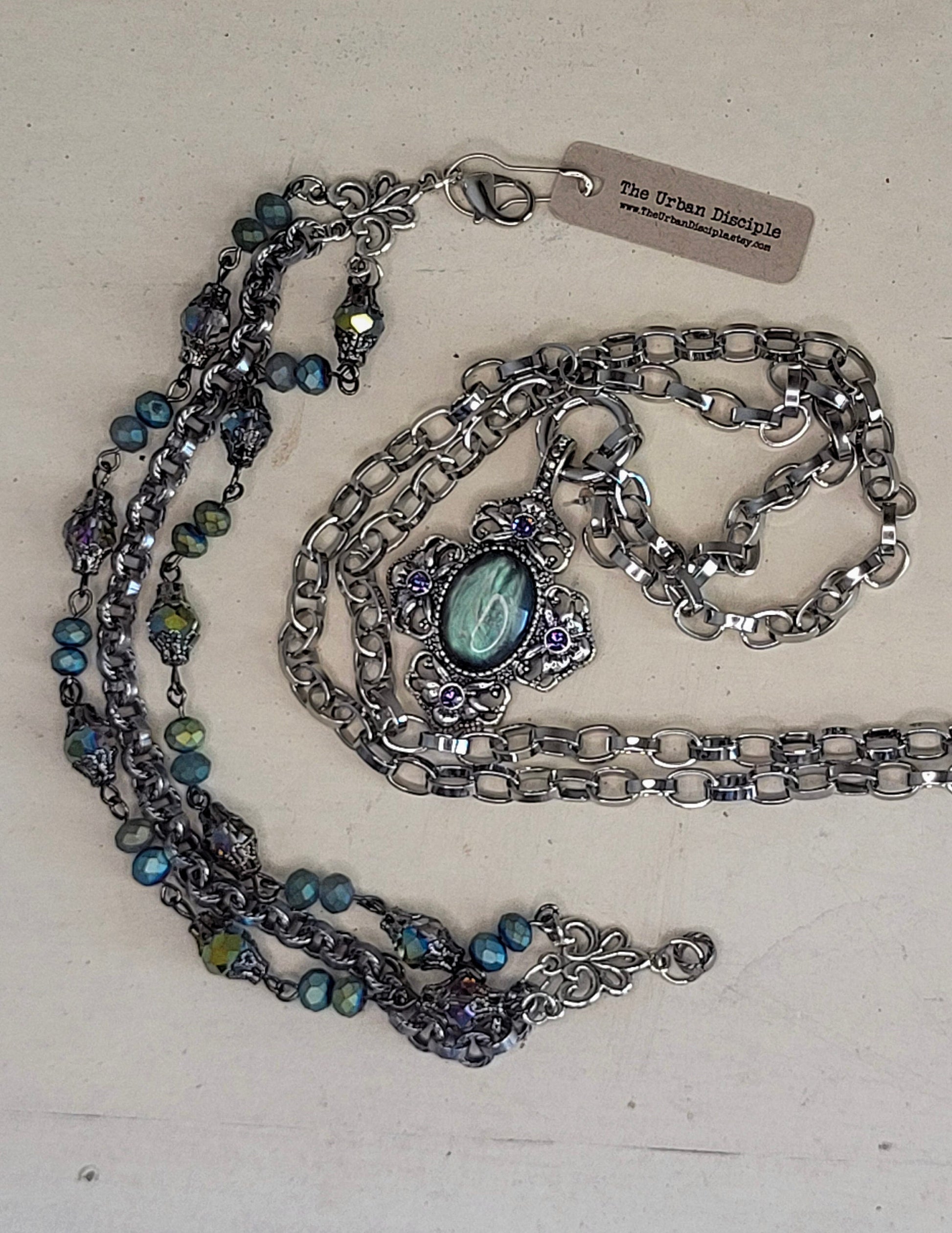 Teal Elegance: Hand-Beaded 3 Strand Bracelet in Antique Silver