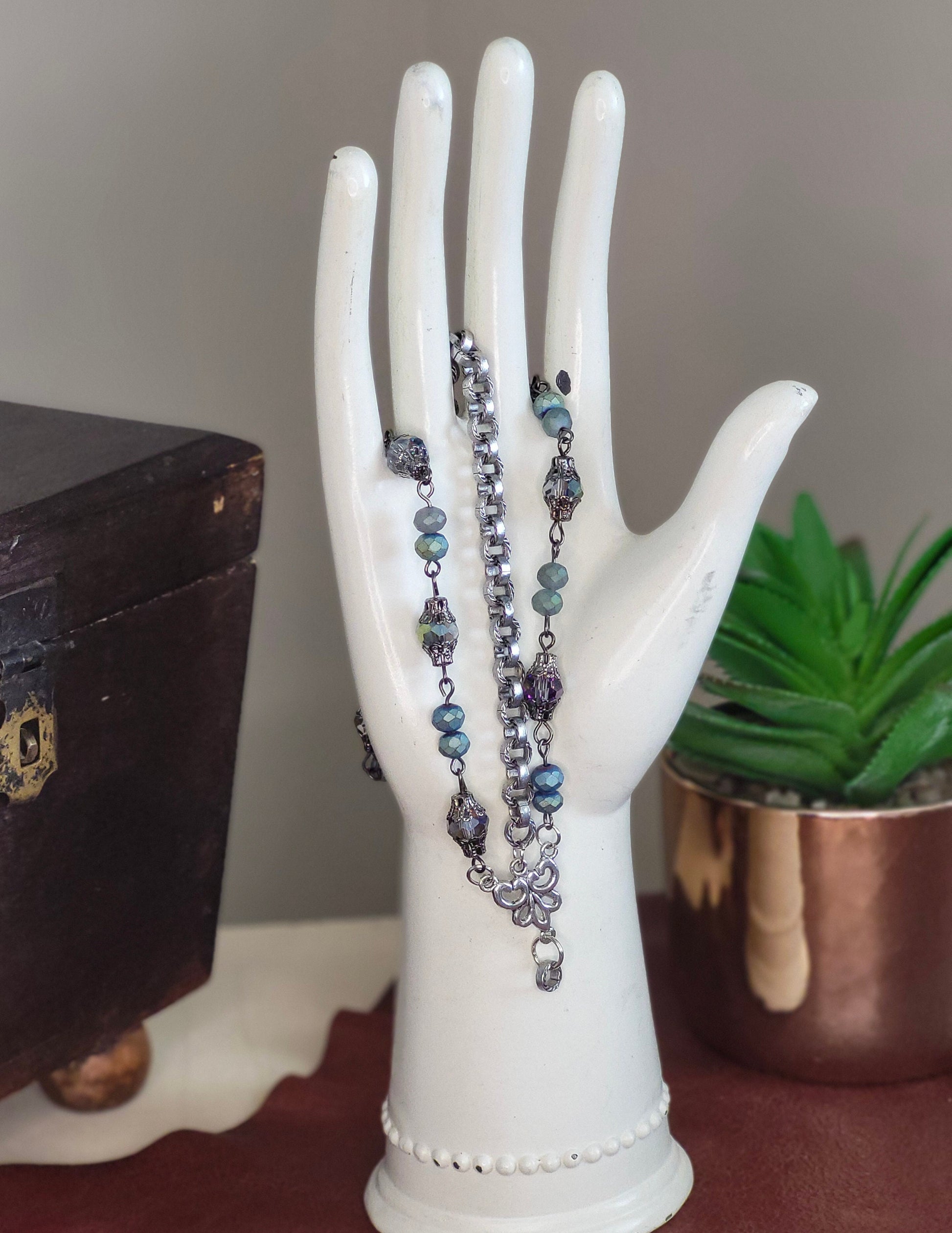 Teal Elegance: Hand-Beaded 3 Strand Bracelet in Antique Silver