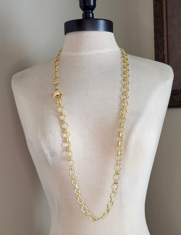 Long Gold Statement Necklace with Large Sparkling Clasp