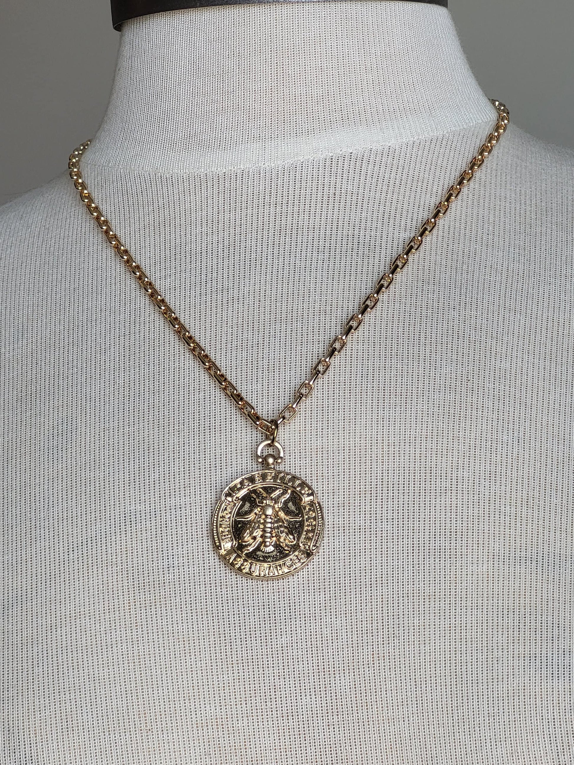 Gold French Bee Coin Pendant on Delicate Box Chain, Handcrafted Necklace