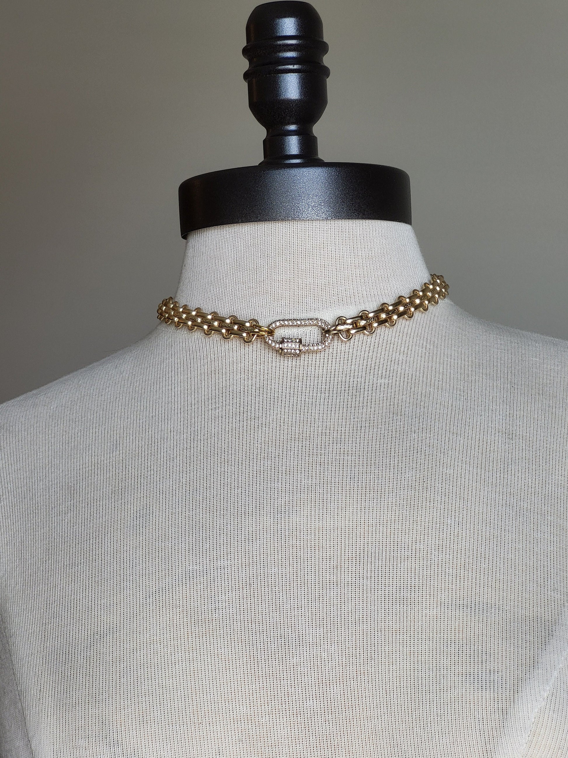 Luxurious Multilink Chain Choker featuring Textured Design and CZ Pave Carabiner Clasp