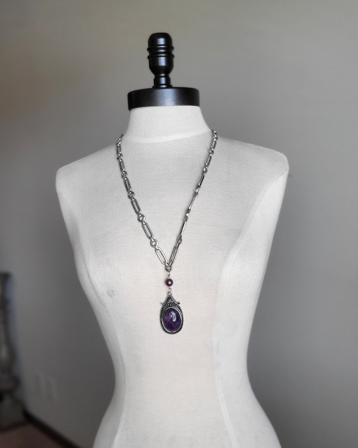 Large Amethyst Pendant, long handmade necklace in Silver finished setting and oval link chunky chain, Handcrafted Statement Necklace