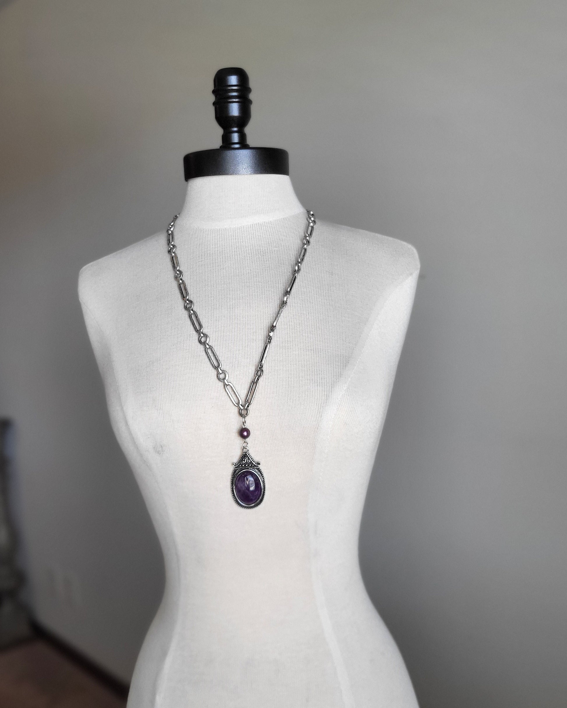 Large Amethyst Pendant, long handmade necklace in Silver finished setting and oval link chunky chain, Handcrafted Statement Necklace