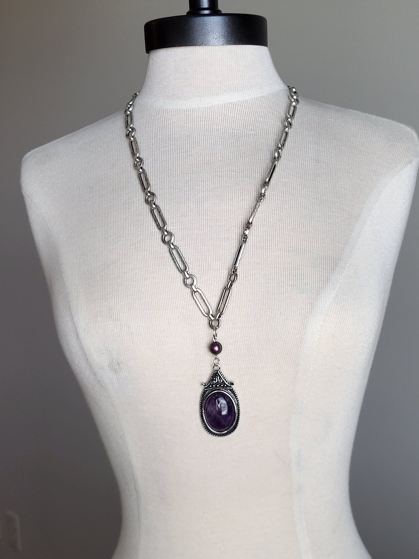 Large Amethyst Pendant, long handmade necklace in Silver finished setting and oval link chunky chain, Handcrafted Statement Necklace