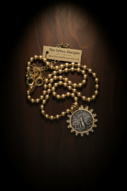 Queen Bee Pendant With Rhinestone Bezel on Matte Gold Ball Chain Necklace