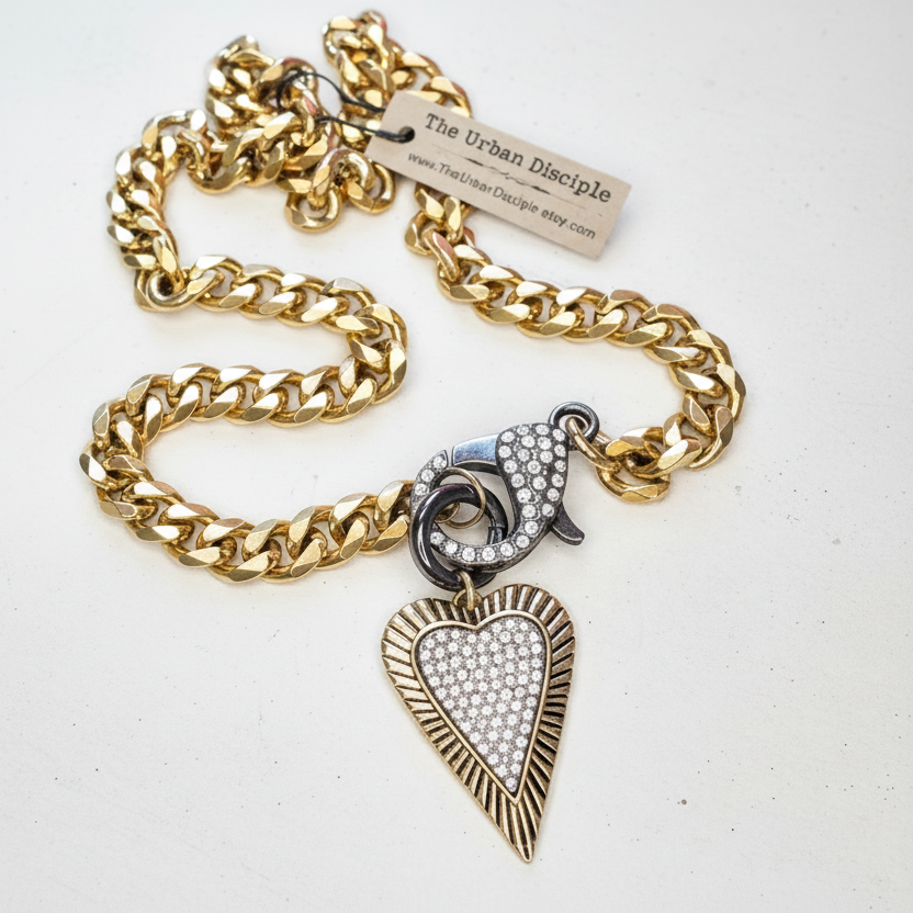 Chunky Curb Chain Necklace with Glittering Pave Heart and Oversized sparkly Lobster Clasp - Glam Jewelry