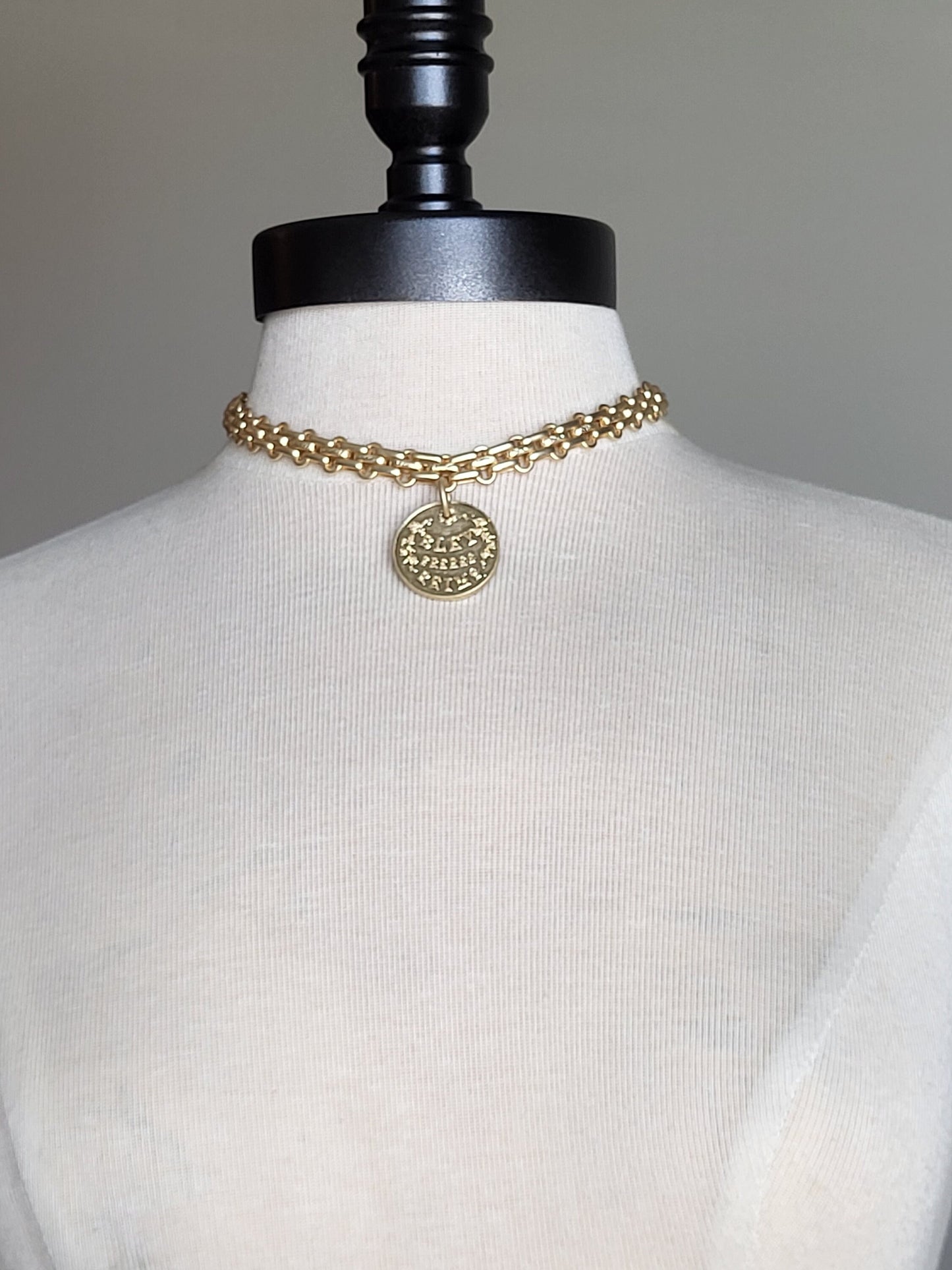 Statement Gold Multilink Choker with French Champaign Coin Pendant