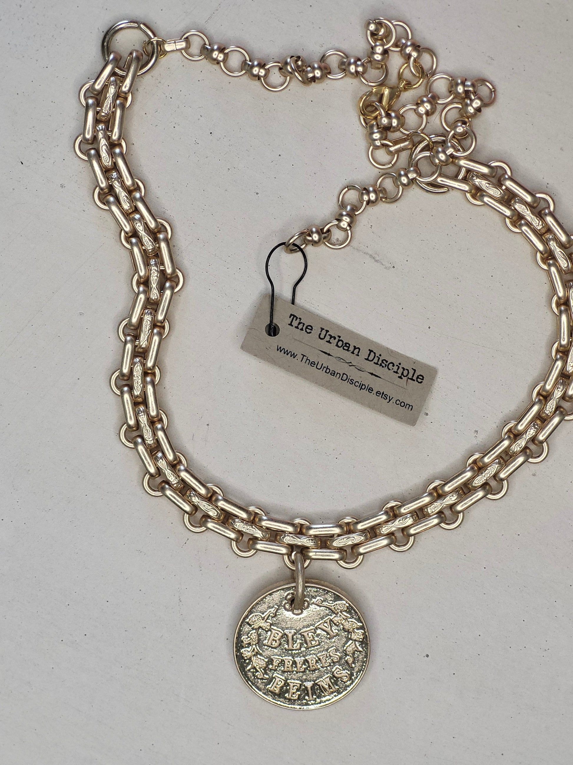 Statement Gold Multilink Choker with French Champaign Coin Pendant