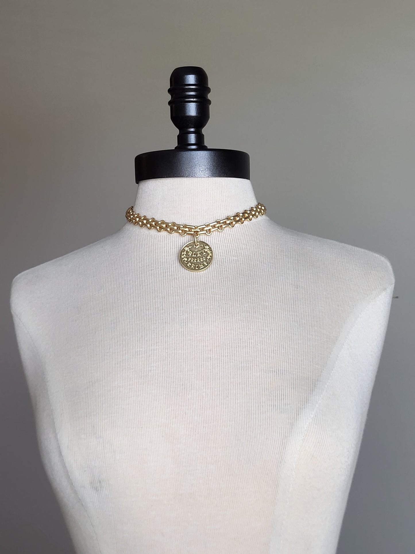 Statement Gold Multilink Choker with French Champaign Coin Pendant