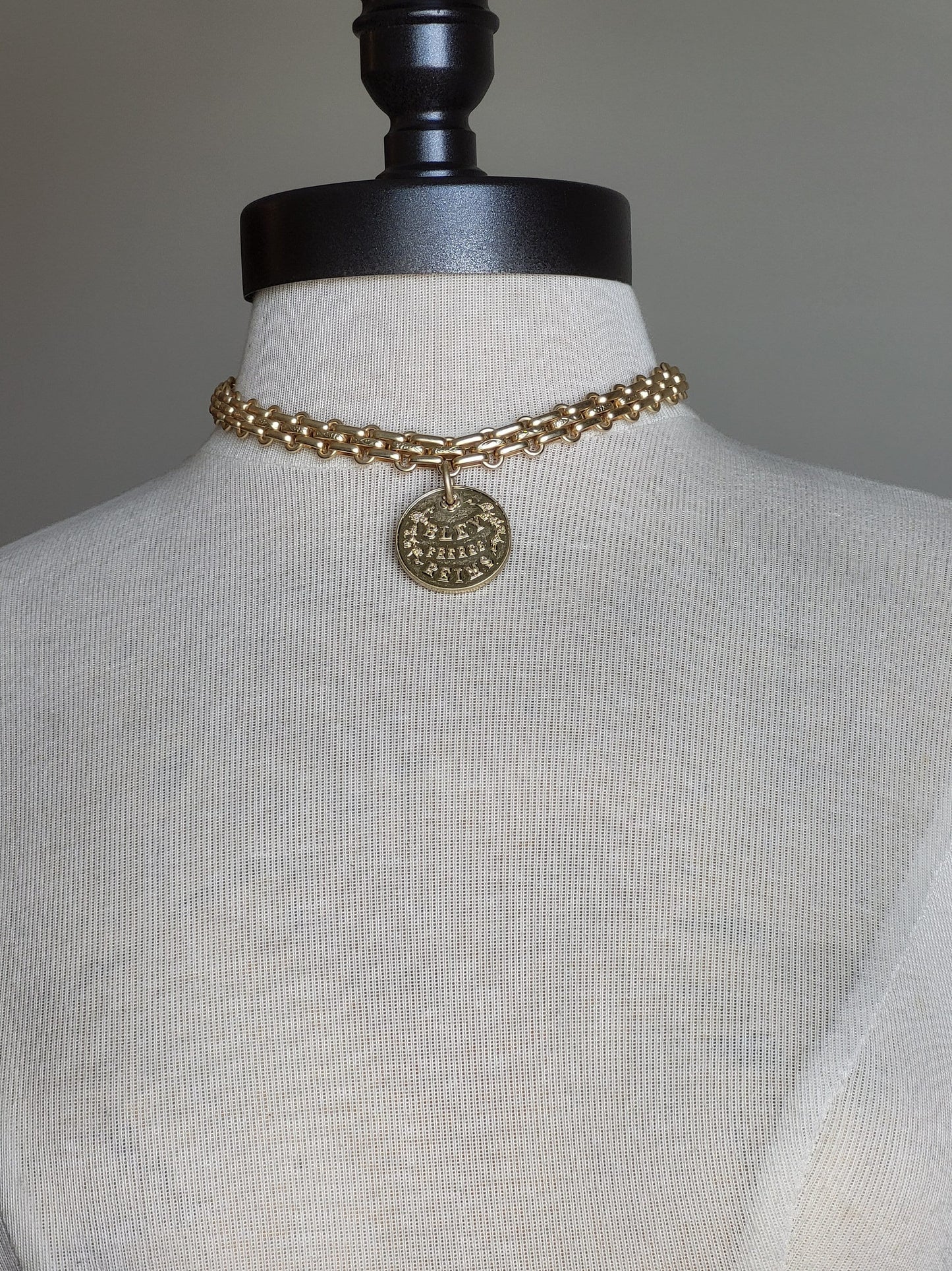 Statement Gold Multilink Choker with French Champaign Coin Pendant