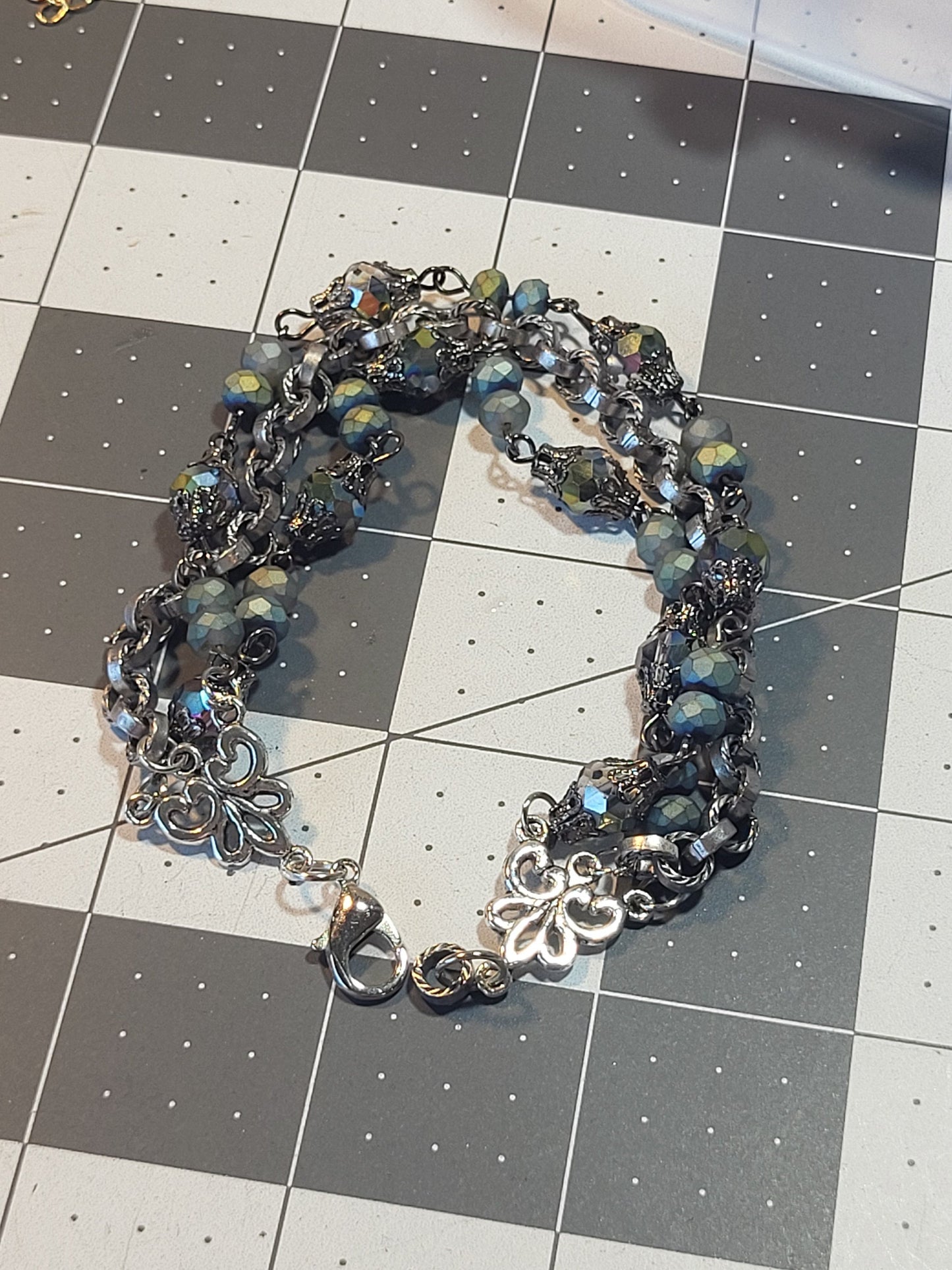 Teal Elegance: Hand-Beaded 3 Strand Bracelet in Antique Silver