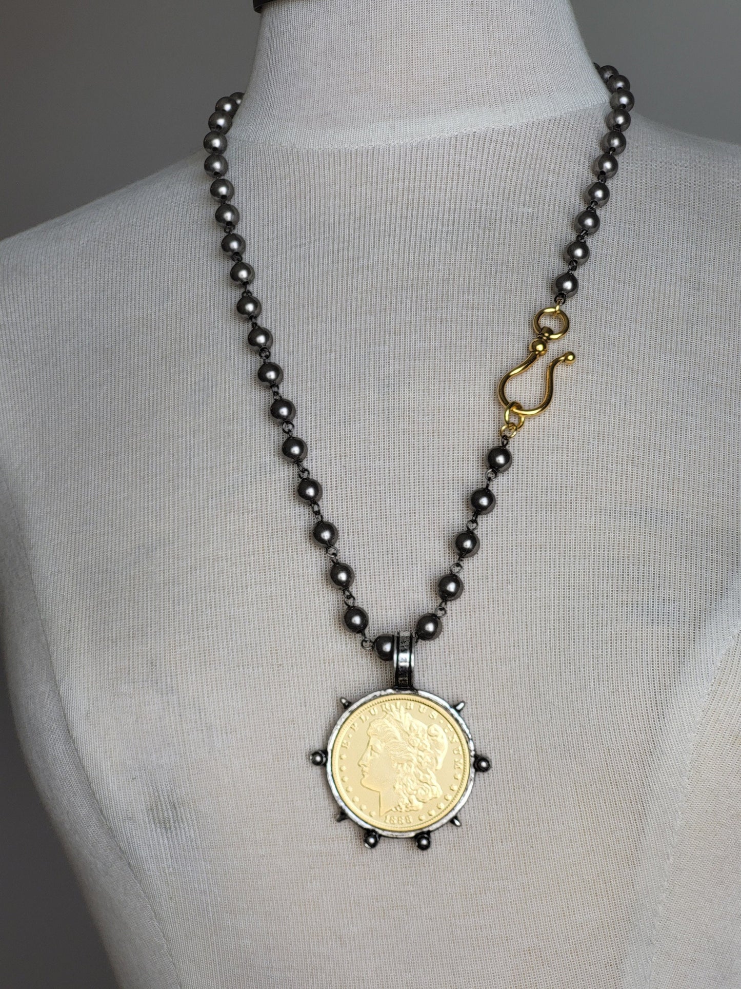 Elegant Black Pearl and Gold Liberty Coin Necklace with Oversized Clasp