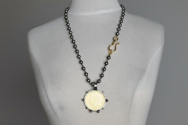 Elegant Black Pearl and Gold Liberty Coin Necklace with Oversized Clasp