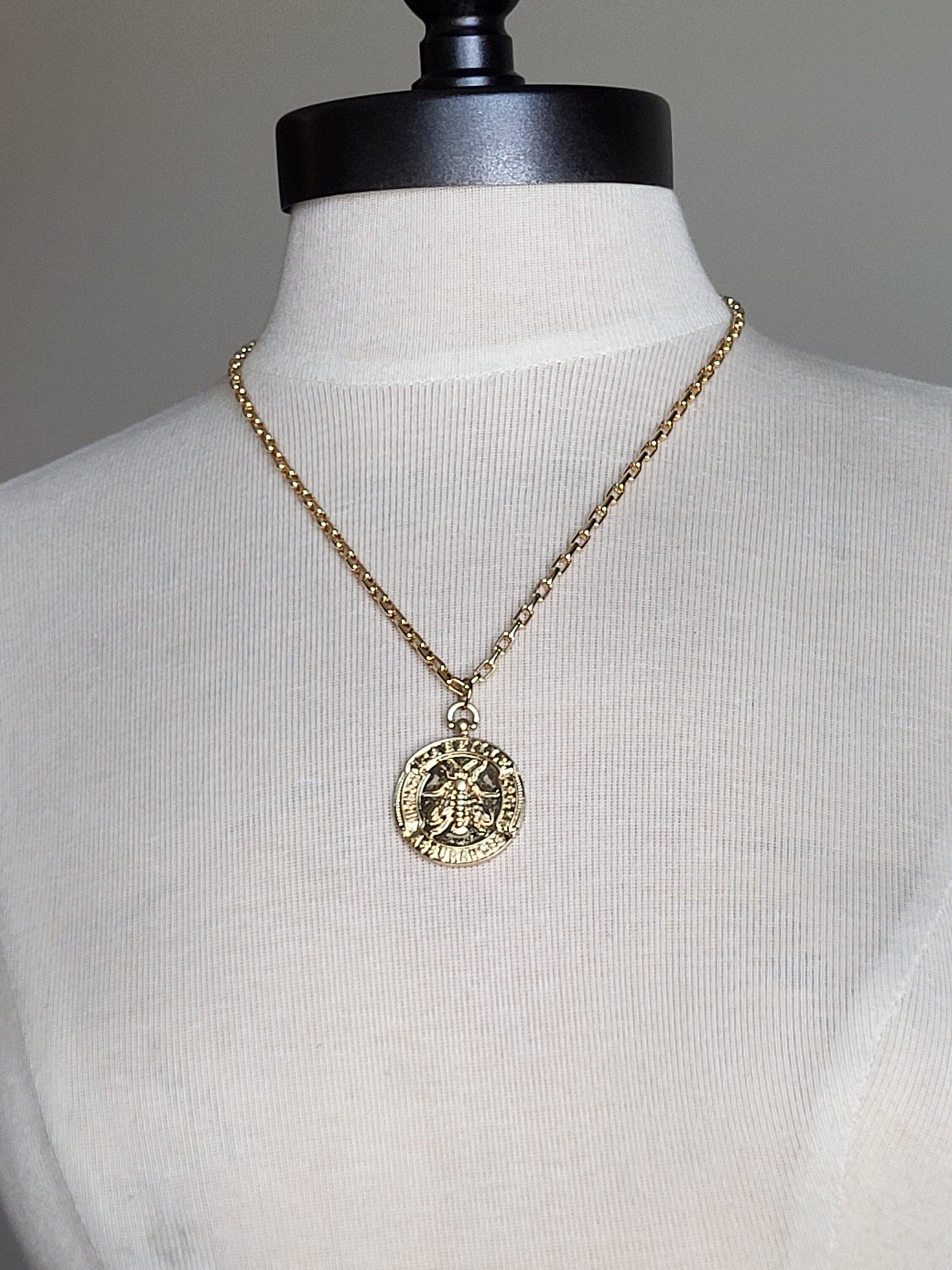 Gold French Bee Coin Pendant on Delicate Box Chain, Handcrafted Necklace